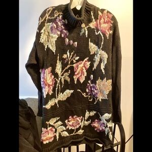 M L 1990s Hand Knit Fair Isle Floral Black Pullover Sweater